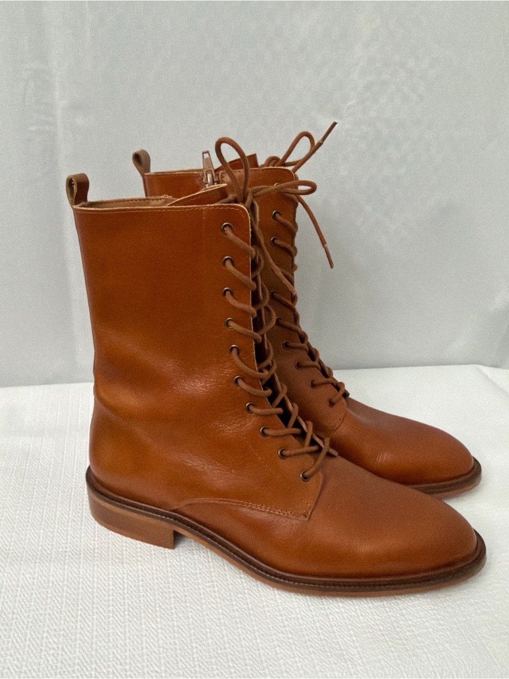 Anthropologie Lace Up Boots Cognac Brown Leather Womens Size 8 Side Zip 39